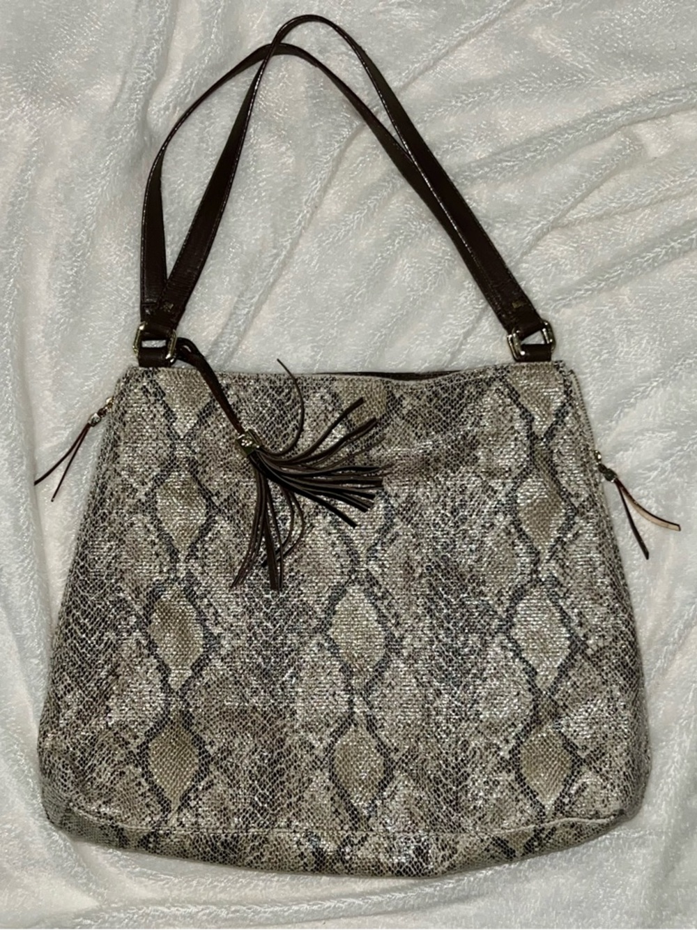 Stella & Dot Snake-Print Tote Bag with Brown Trim